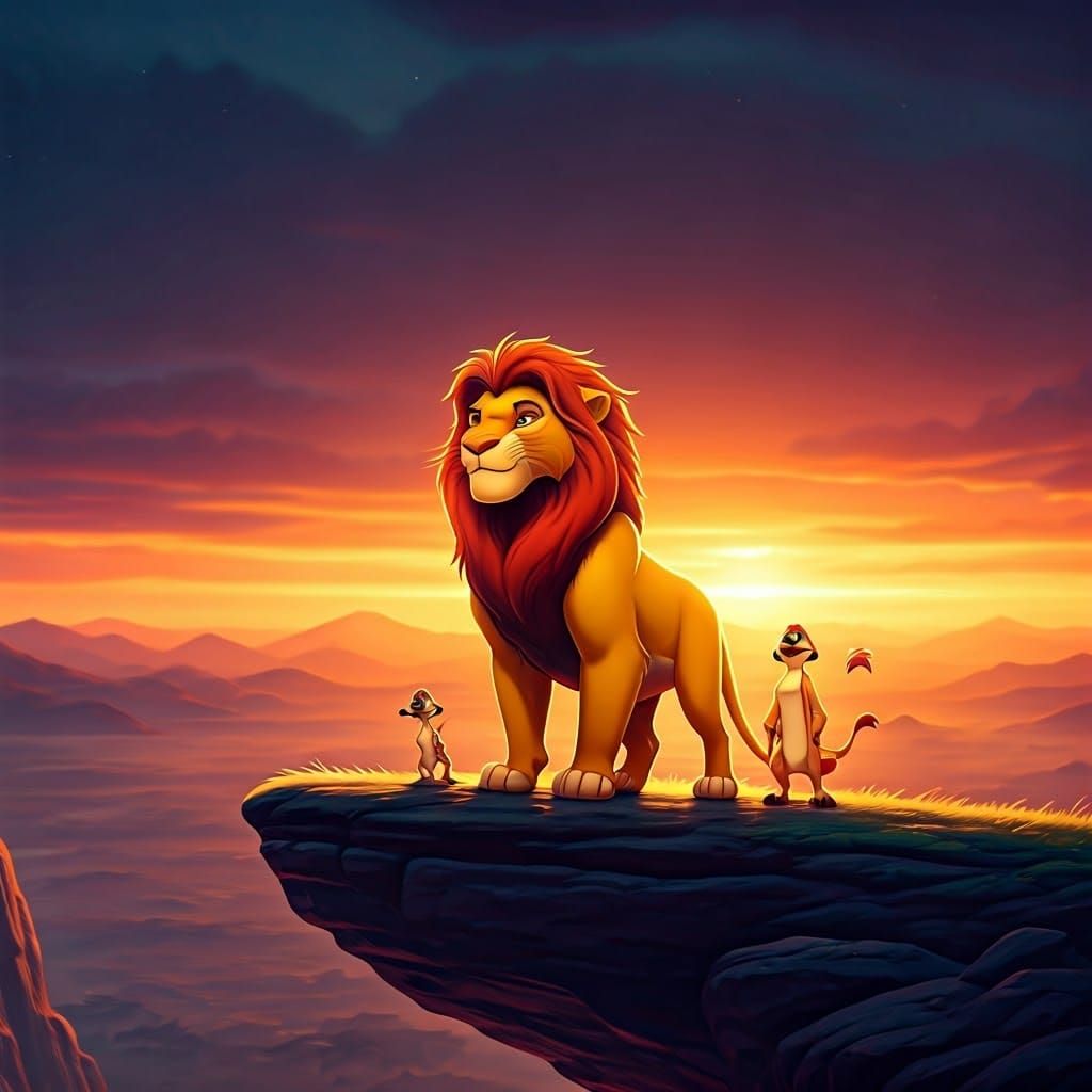 Simba, Timon and Pumbaa at Sunset in Digital Painting Style