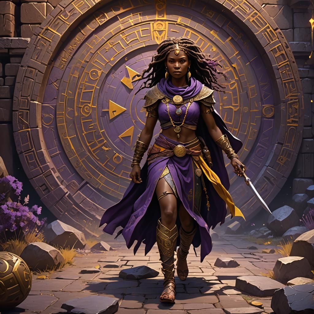 African Female werepather walking through Ancient Runes a ma...
