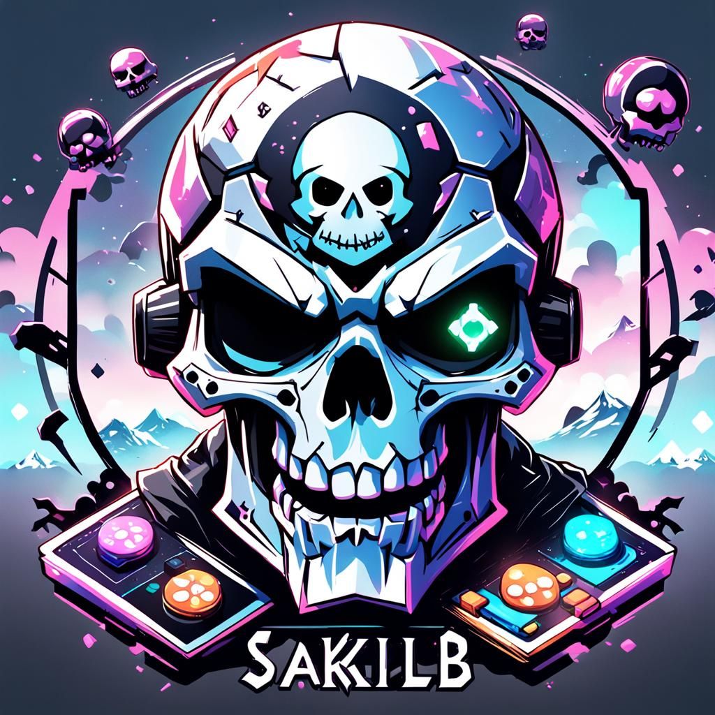 An anime style gaming logo of cute skull named sakib playing...
