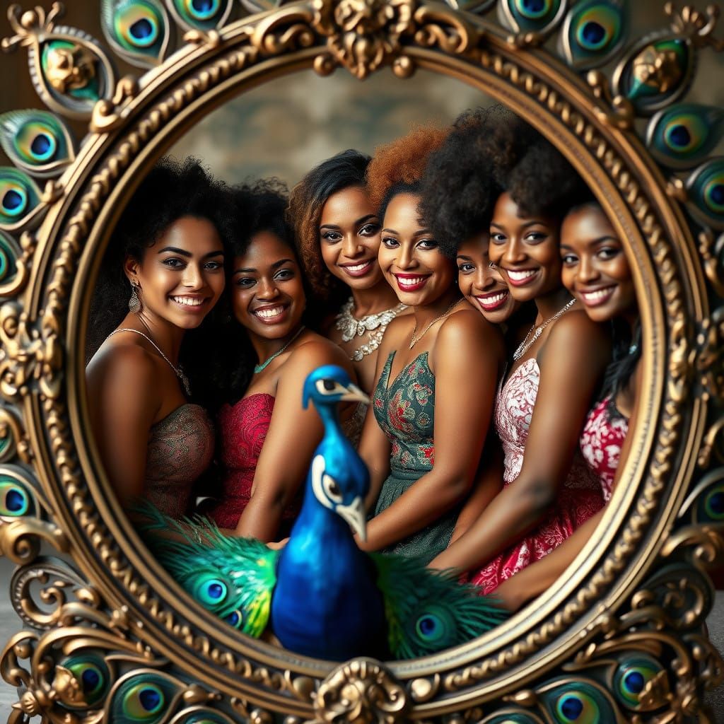 Vibrant Women in Iridescent Gowns, Captured in Ornate Peacoc...