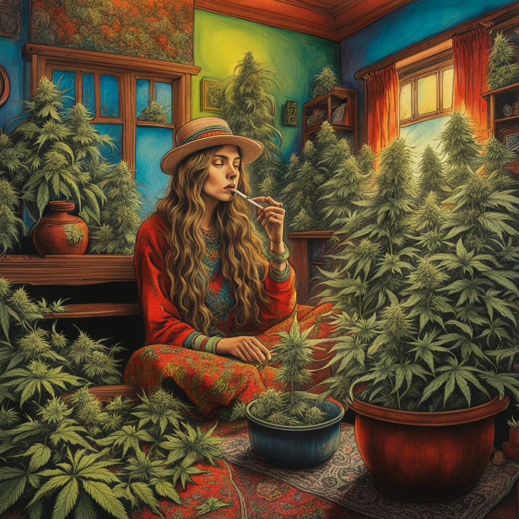 Hippie smoking marijuana in her living room