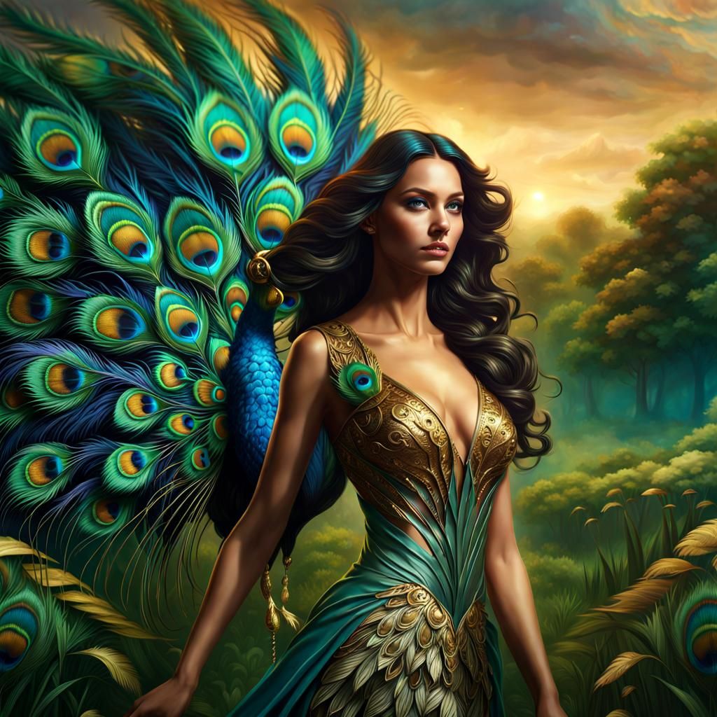 Thin, tanned young woman with long, wavy dark hair and golden eyes, wearing a peacock feather dress, ...  by @RinHoshigumo