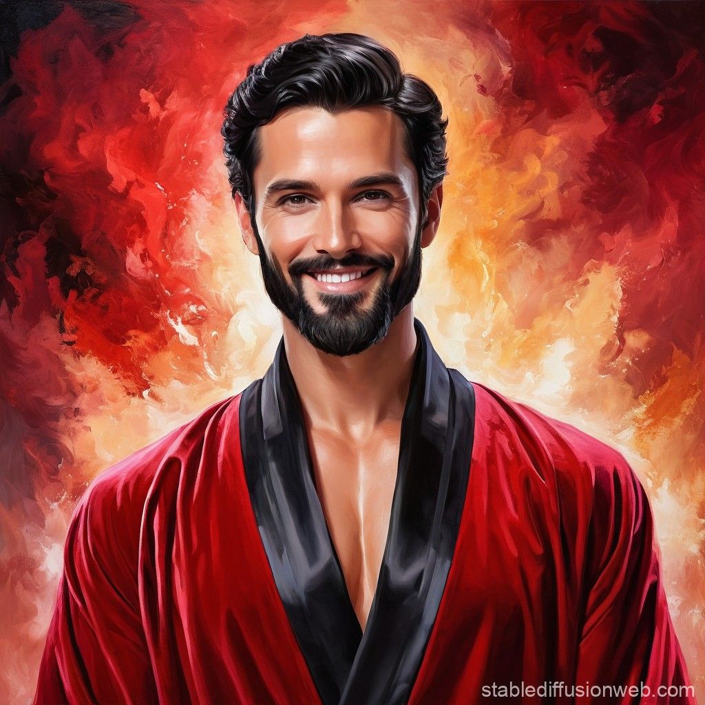 A   cute man with  black  hair and  beard  wearing a  red ve...