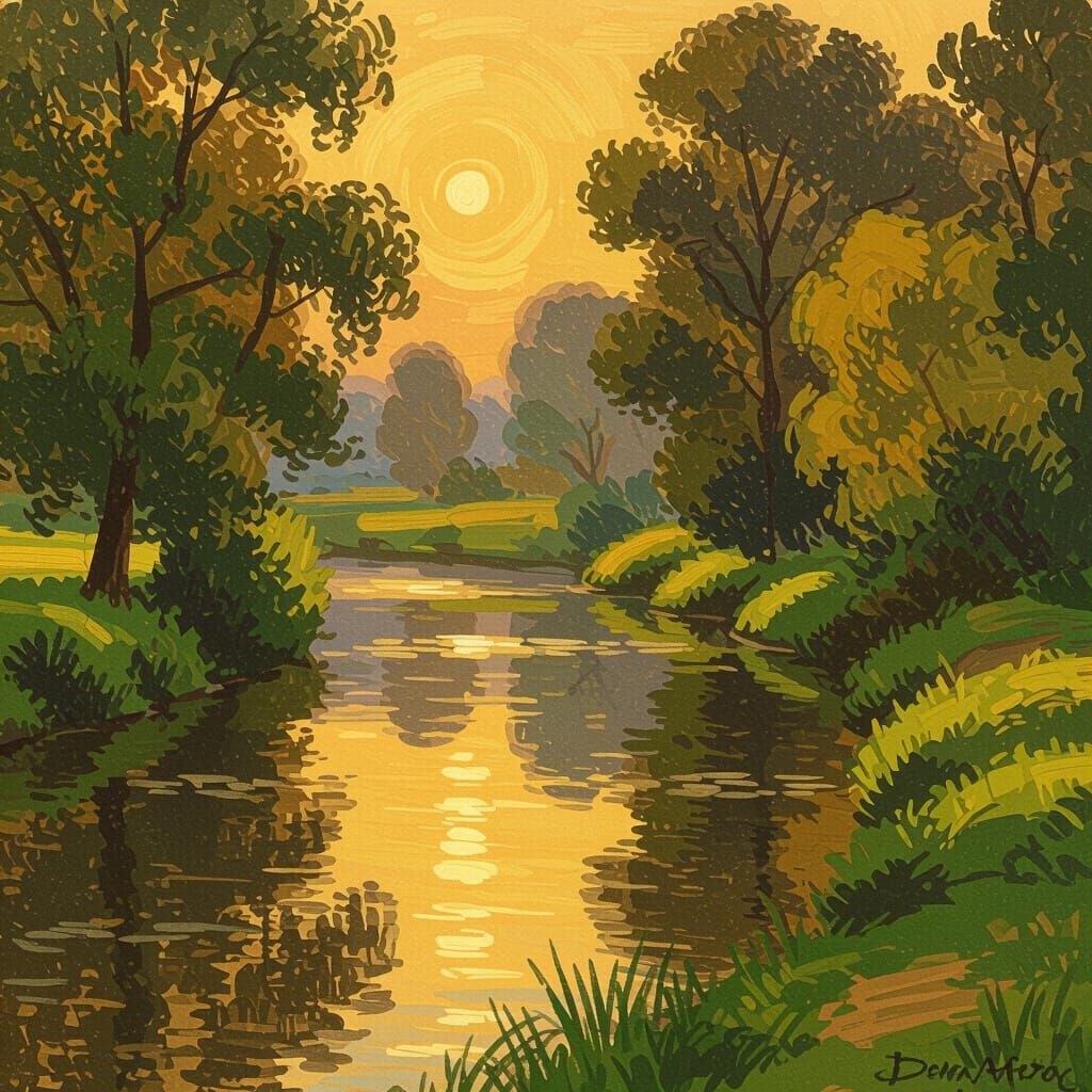 Golden River Landscape in Impressionist Style