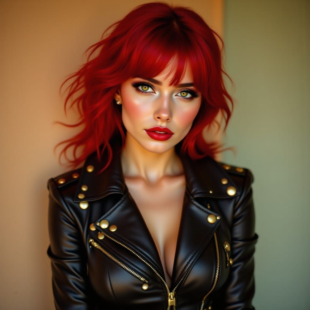 A pin-up model with vibrant red hair and bold bangs, posing with a flirtatious gaze, her eyes batting beneath thick eyeliner and luscious la...