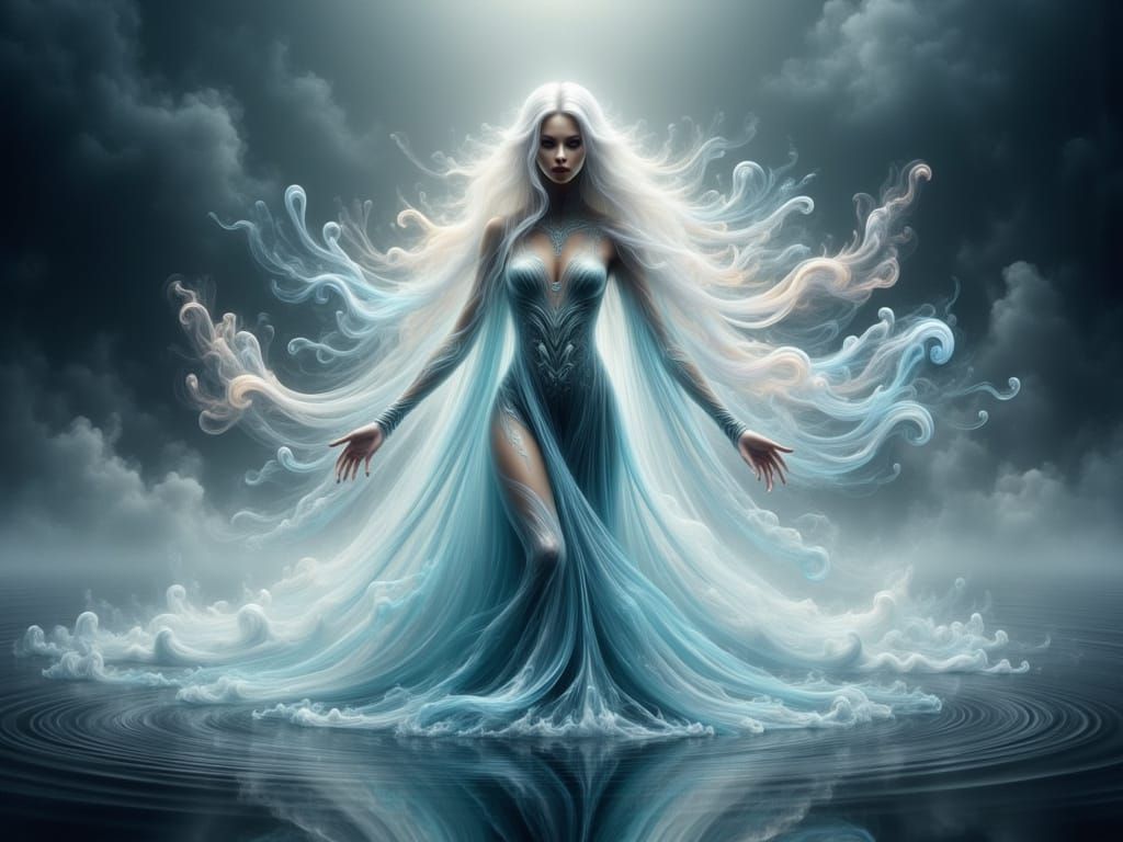 Ethereal Sorceress Emerges From Misty Lake in Folklore Fanta...