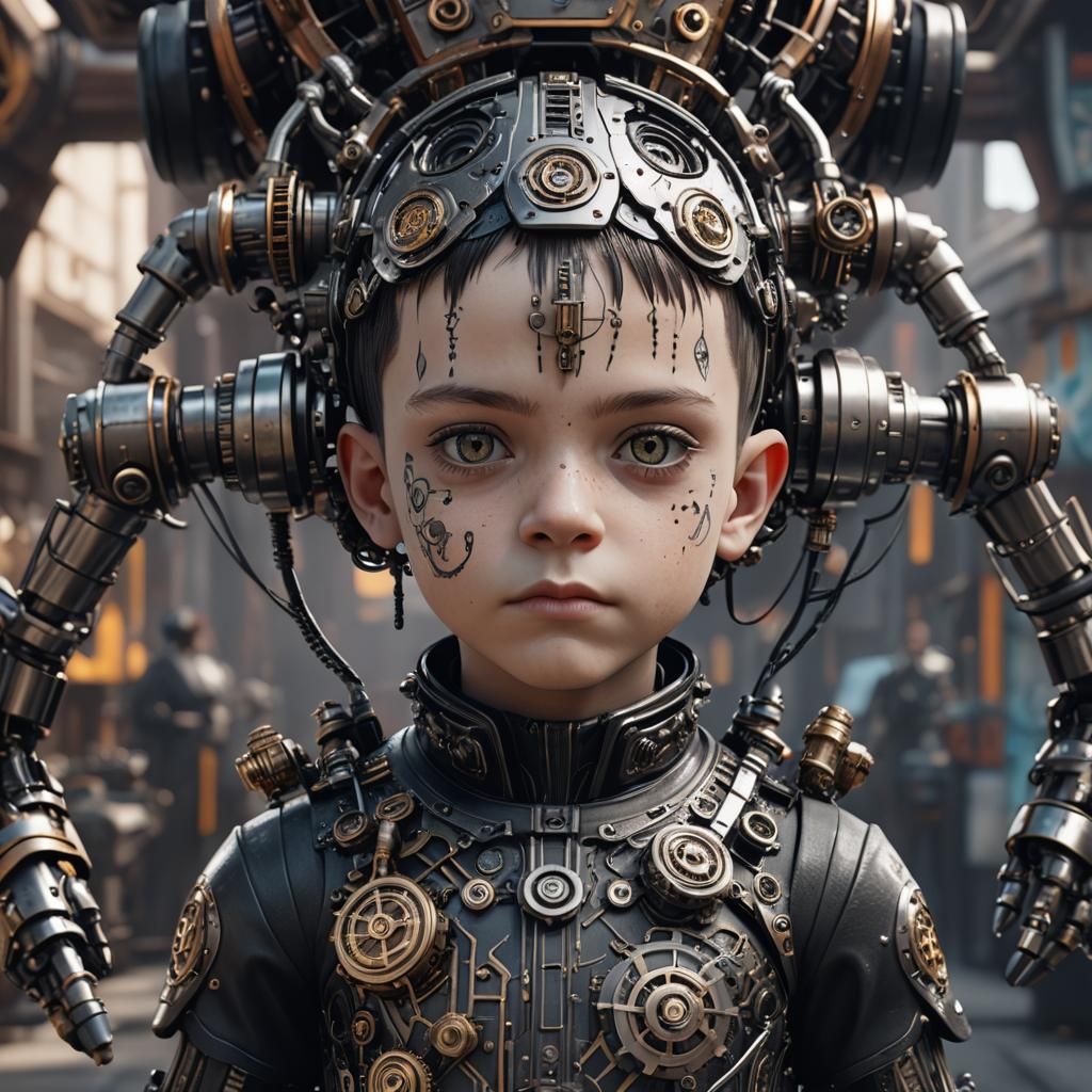 Cyborg Little boy, male, wednesday addams wearing tattooed steampunk  cybernetic appearance, realistic 3D rendering --q 5 --ar 11 - AI Generated  Artwork - NightCafe Creator