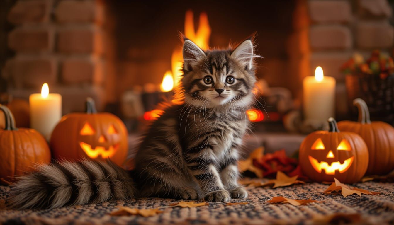 cute kitten with a big fluffy racoon tail in front of a fireplace during Halloween night with lots of candles, pumpkins and halloween decora...