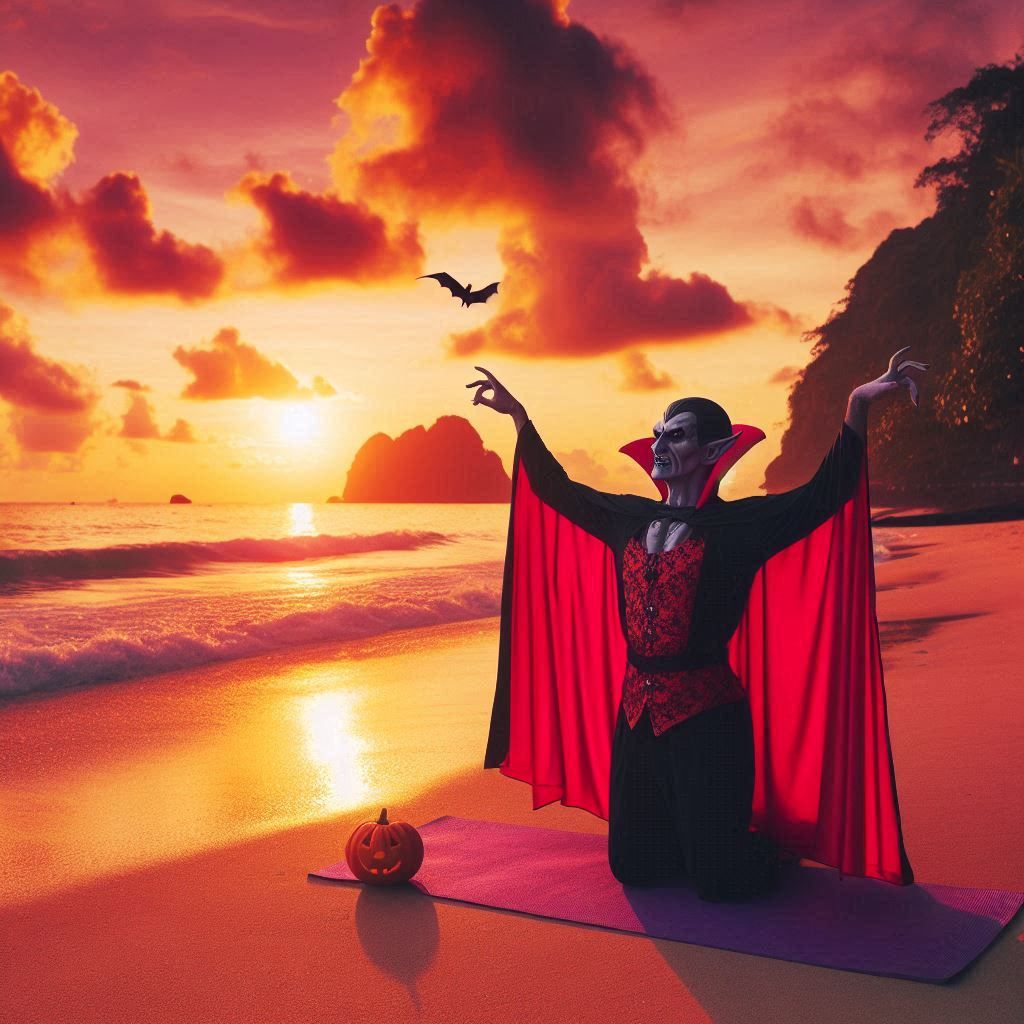 Dracula is doing yoga on the beach