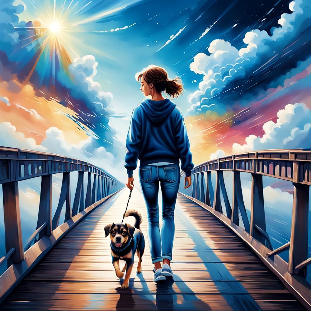 woman slowly walks towards the sky