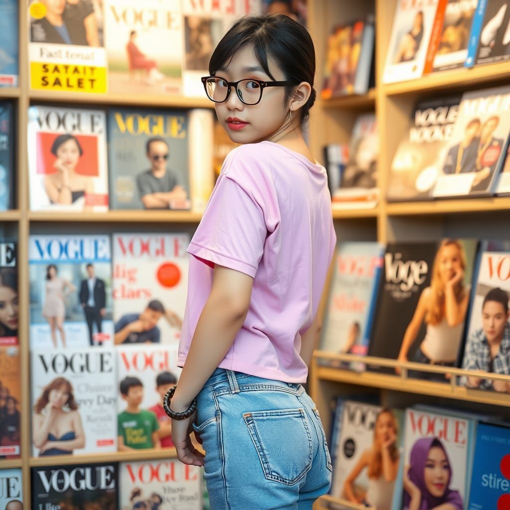 A young japanese girl standing in front of a bookshelf in a ...