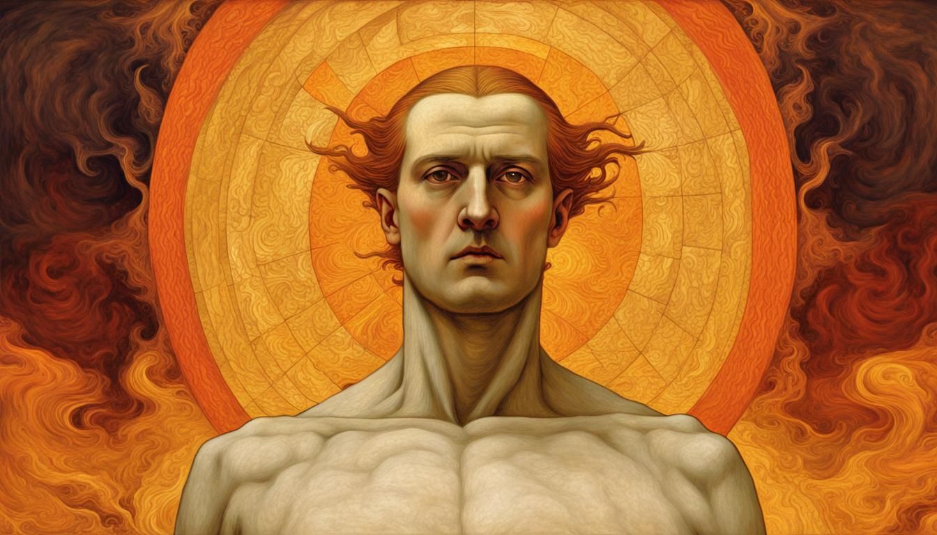 Firey Portrait Prometheus in a sea of fire. Golden ratio, painted by ...