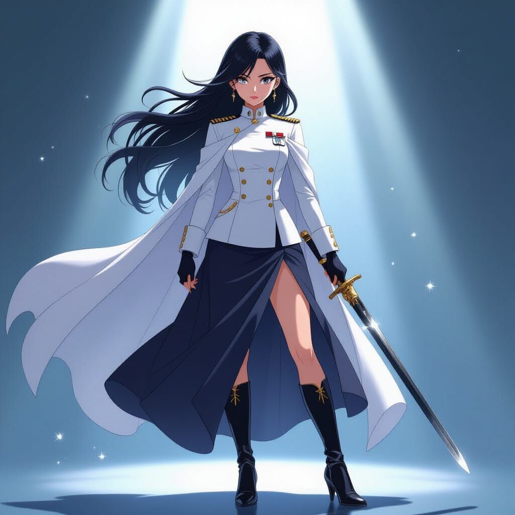 A young anime female admiral with a white navy uniform, a sword, black hair, blue eyes, a cape, heeled boots, gloves, some jewellery, a skir...