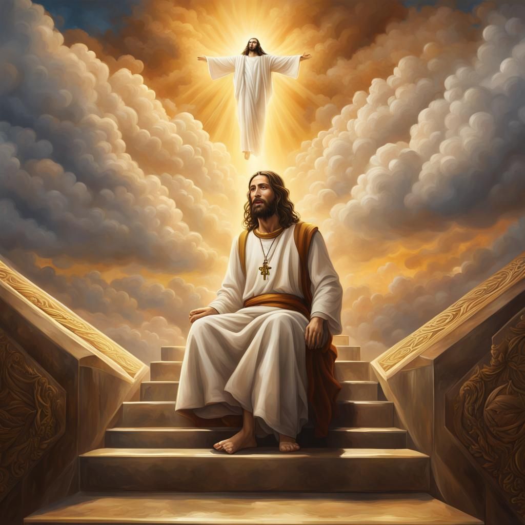 Large Jewish Jesus portrait, close up, heavenly background, ...