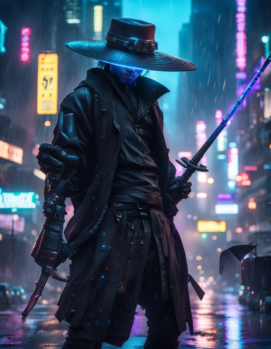 Very dark Cyberpunk, black, metal, robotic samurai with angr...