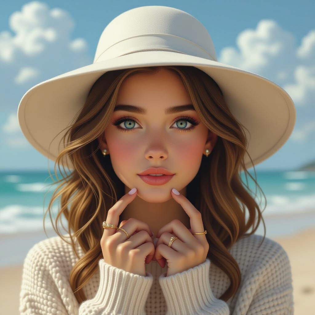 Young Girl on Beach in Sweater and White Hat