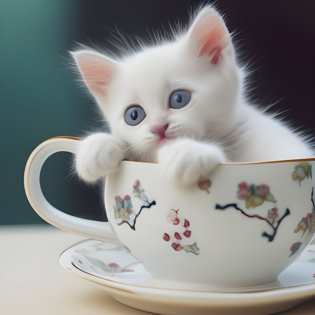 white kitten in tea cup - AI Generated Artwork - NightCafe Creator