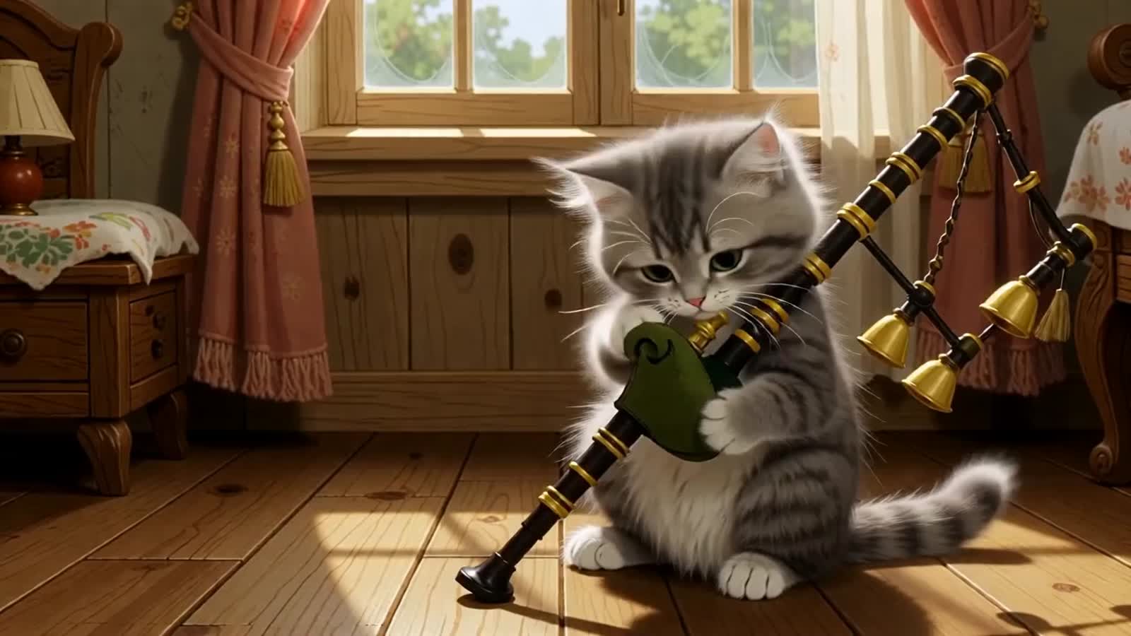 A kitten playing bagpipes