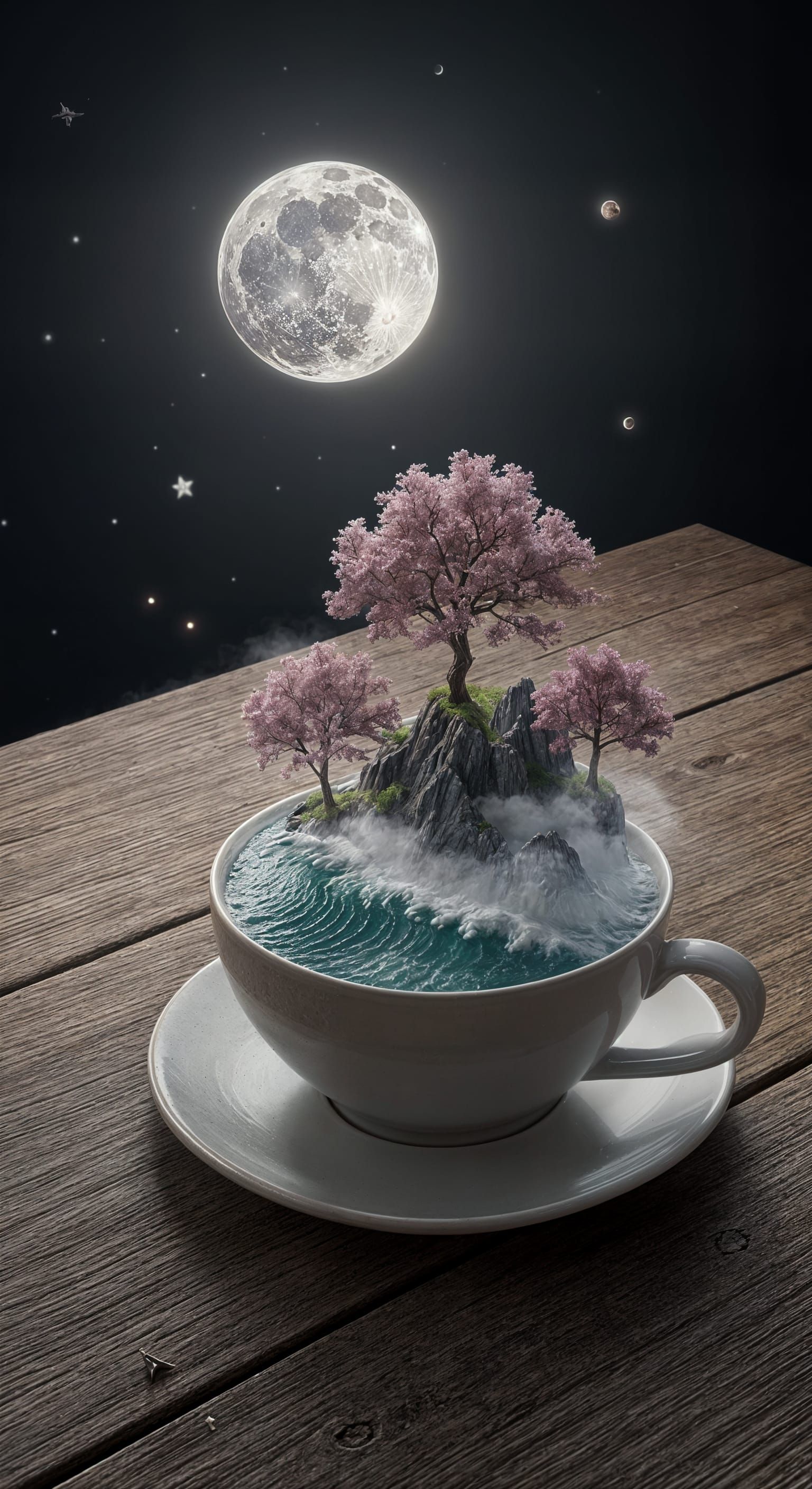 A surreal 3D diorama scene emerging from the surface of a coffee cup placed on a rustic wooden table. ...  by @Modi19