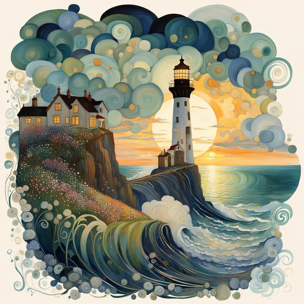 Lighthouse on a steep flowering cliff, gigantic ocean waves hit the rugged coast, sunset, by Gustav Klimt, ...  by @Tina auf der Blumenwiese
