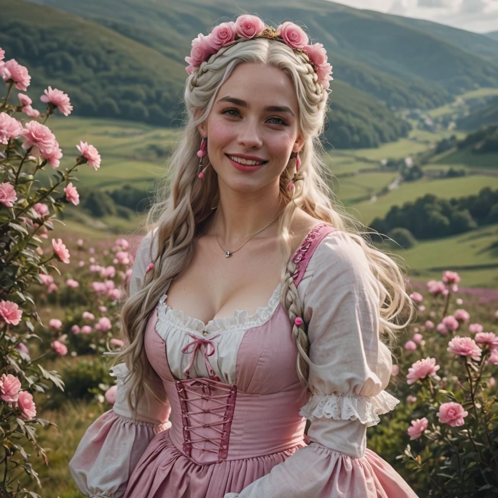 White Haired Medieval Girl with Pink Flowers in her Hair