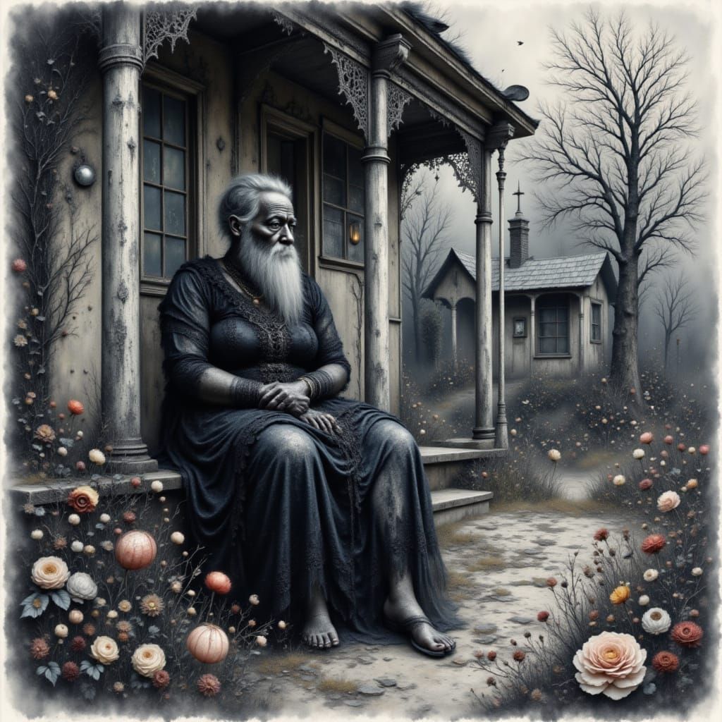 <lora:Mystic Intensity:1.0> Watercolor with lace texture, black old fat woman sitting on a porch, black skin woman, lace flowers, textured, ...