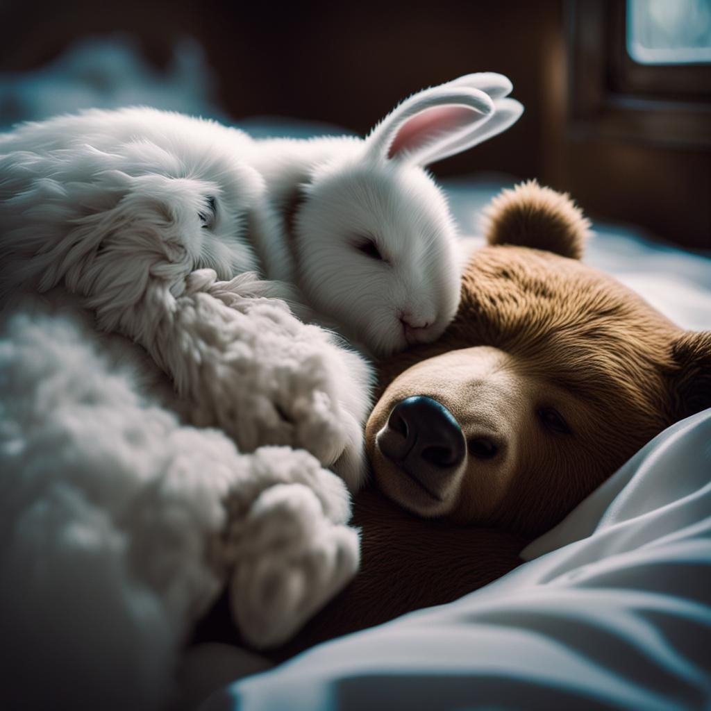 A white rabbit and a brown bear, best friends, are snuggled ...