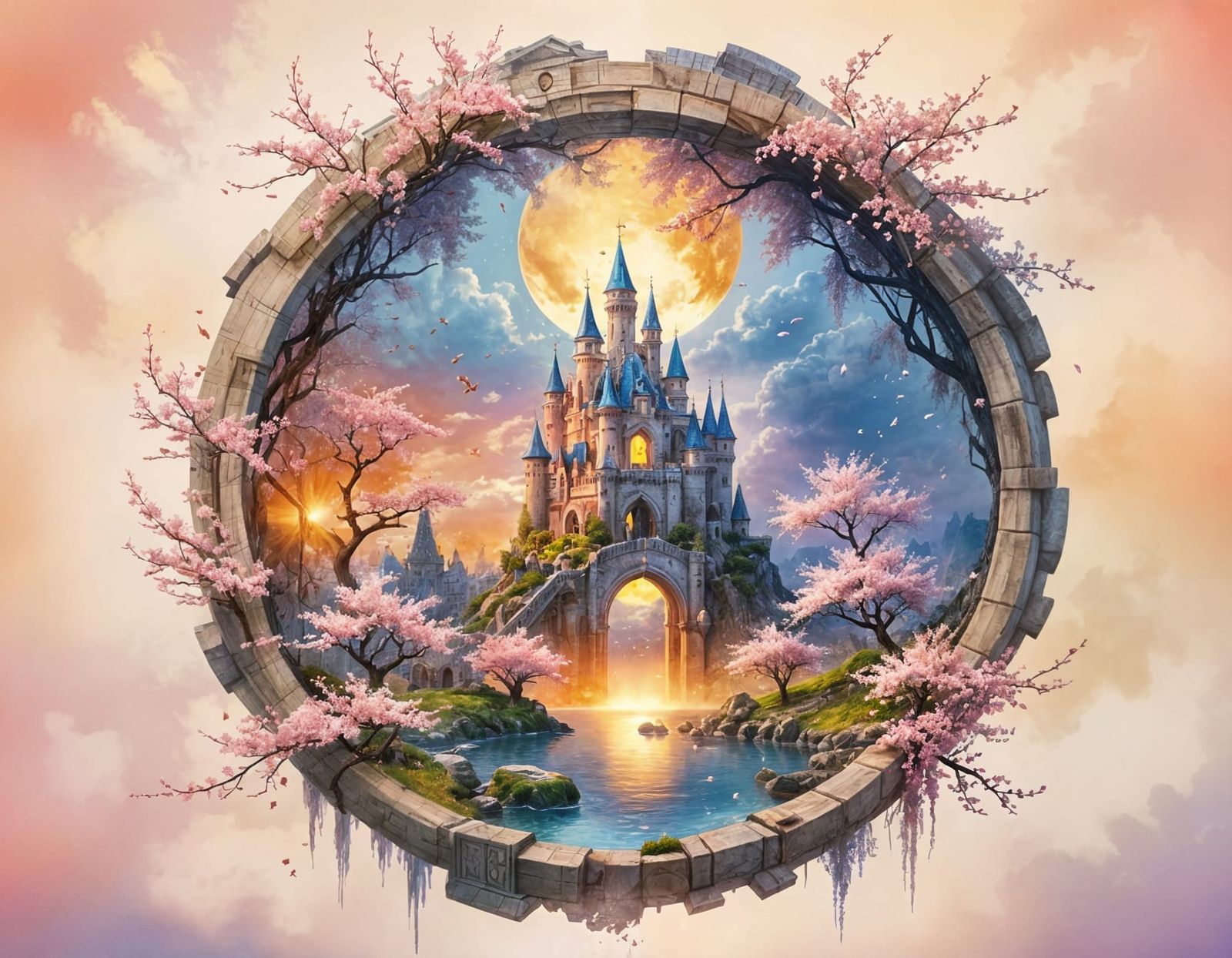 Whimsical Fairy Castle in Circular Watercolor Vignette