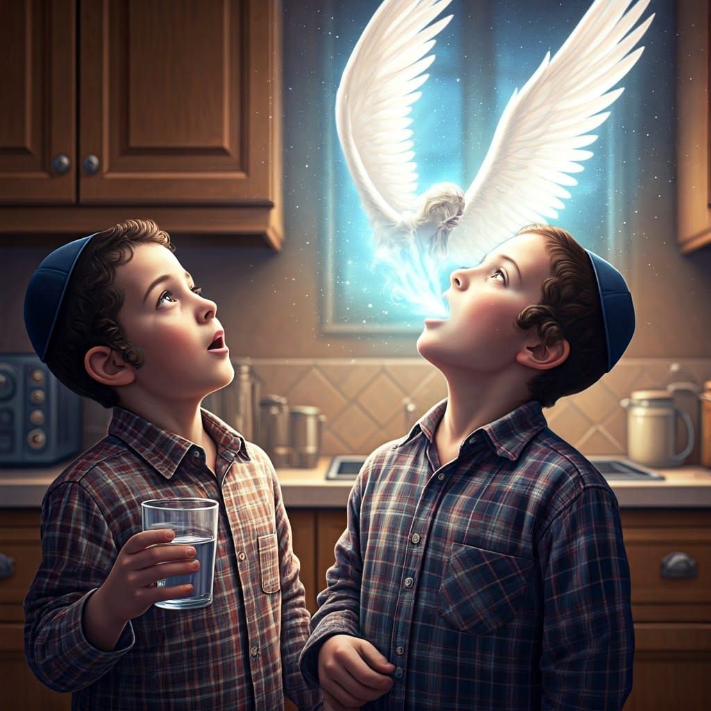Orthodox Jewish Boys Stand in Kitchen with Angel Emerging fr...