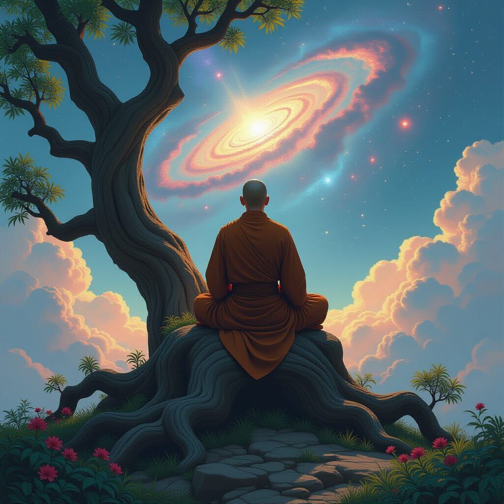 A solitary monk meditating atop a colossal, ancient tree, its branches reaching towards a sky filled ...  by @RK_9530