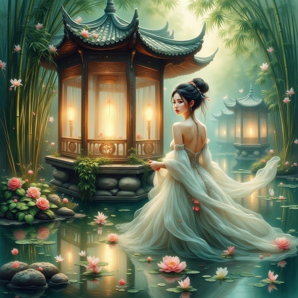 Elegant Han Dynasty Lady in Bamboo Gazebo