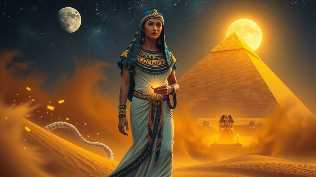 An Egyptian priestess, clad in elaborate layered cloths and adorned with lapis lazuli, carnelian and gold jewelry, stands resolute, holding ...