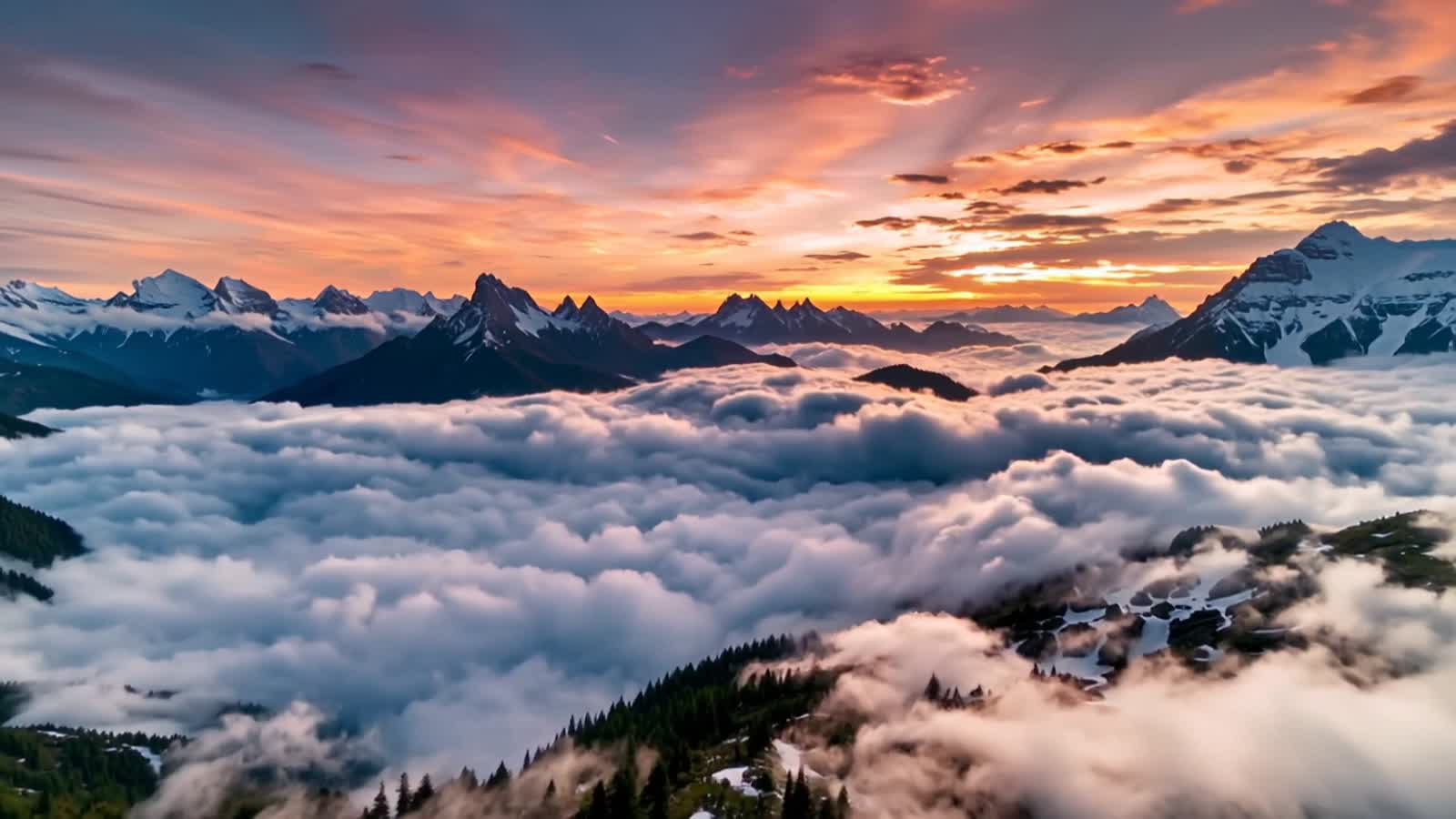 A breathtaking view of colossal mountain peaks rising above a thick blanket of clouds. The sunlight breaks through the c...