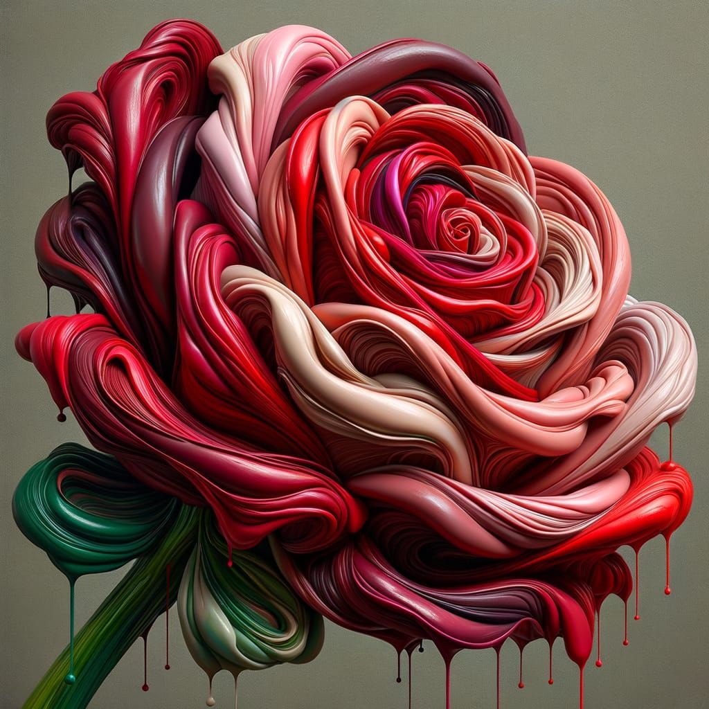 A hyperrealistic rose sculpted from thick, glossy paint strokes in shades of burgundy, crimson, red, blush pink & deep red. The petals appea...