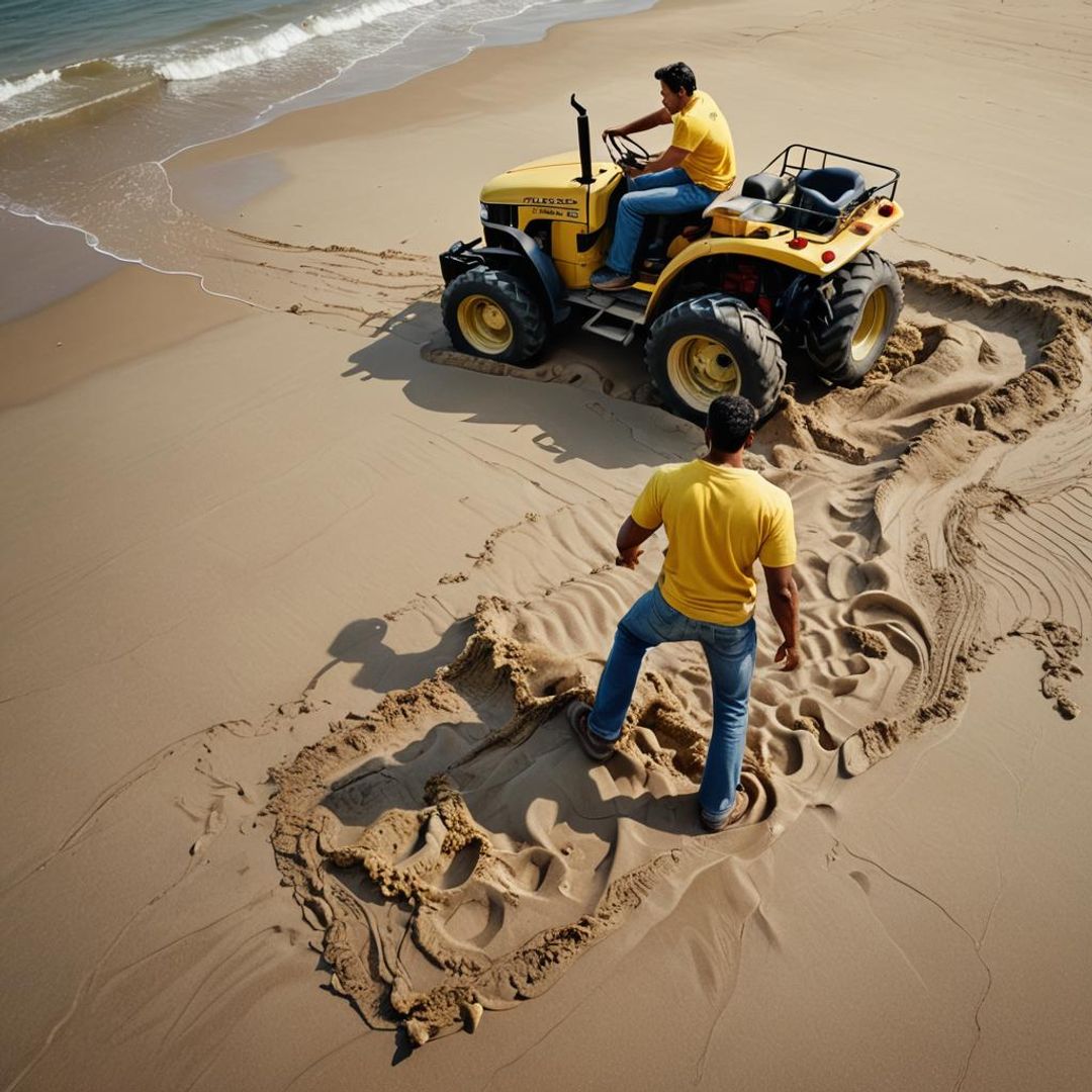 a man in a yellow shirt on a tractor working on the beach AI