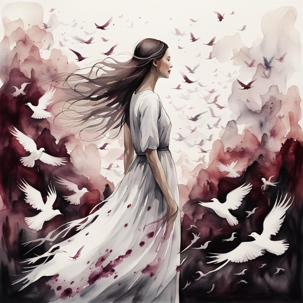 Watercolor painting of a woman and birds, fantasy art, black white and maroon, hd, wonderful scene, very beautiful masterpiece, black white...