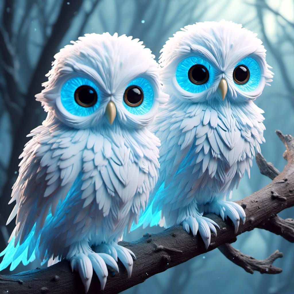 <lora:white hybrids:1.0> 3 cute colorful fluffy owls sitting on a branch. White Walker hybrid, glowing icy blue eyes, pale translucent skin