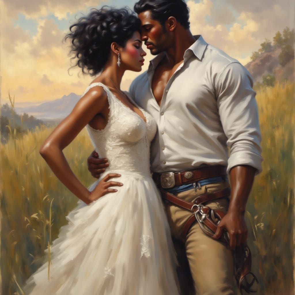 Historical romance novel<lora:Romance novel cover:1.0> featuring a beautiful black heroine with curly hair dress in white and silver lace an...