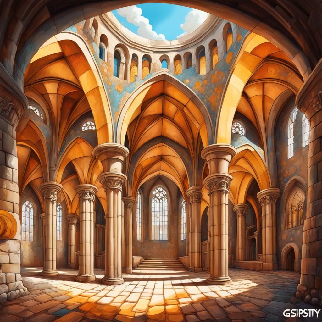 Highly detailed interior of a Romanesque cathedral, round headed arches