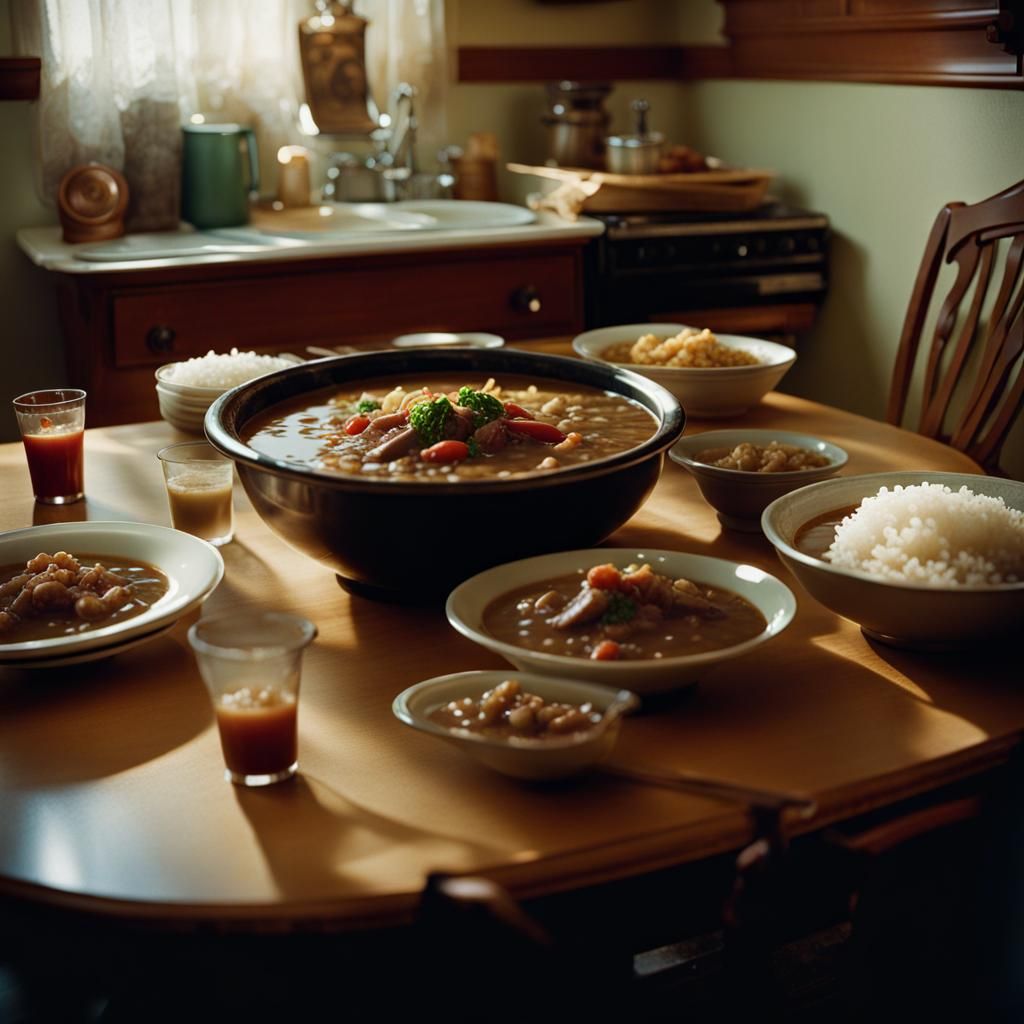 Big bowl of gumbo on top of rice, on a kitchen table, family...