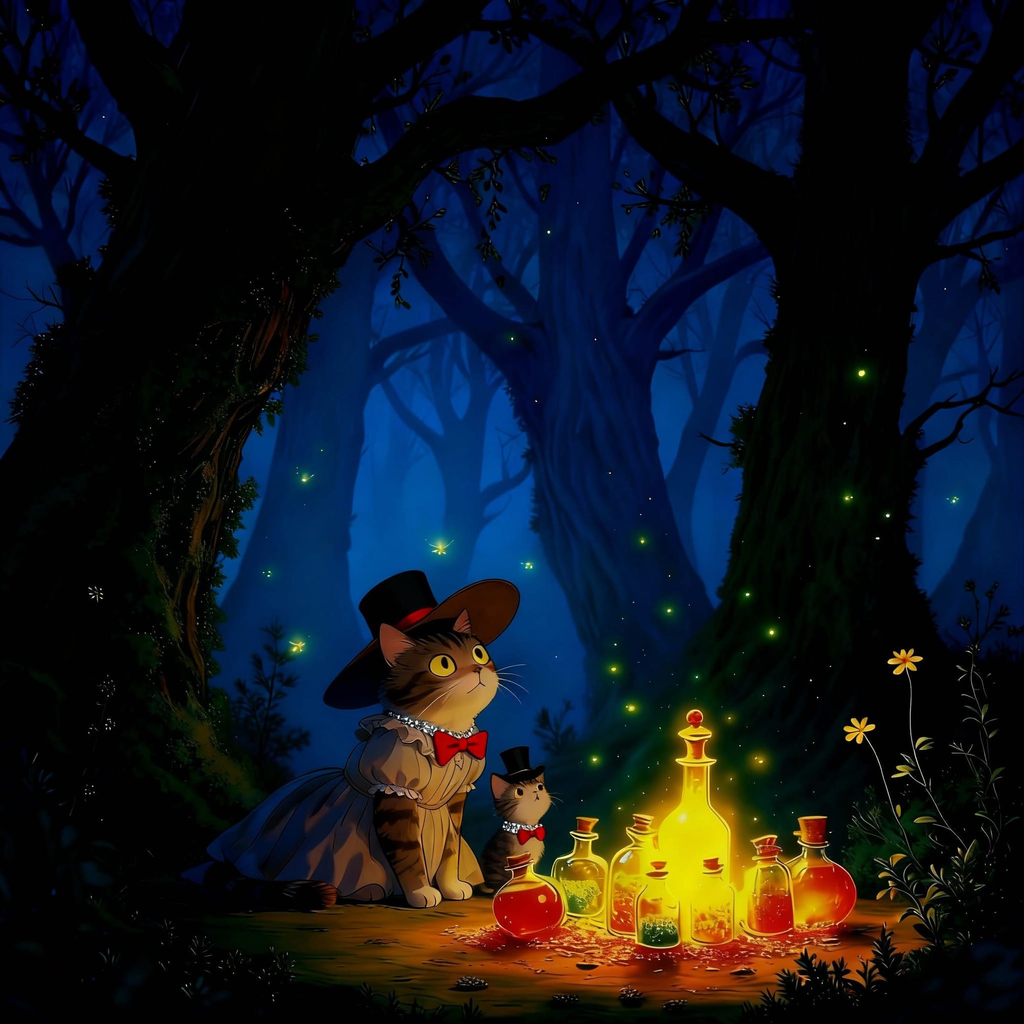 A whimsical witch's familiar, a mischievous raven with spectacles perched on its beak, is diligently sorting through a pile of glowing potio...