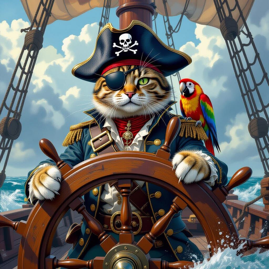 a dramatic, cinematic-style digital painting of a ruthless and intimidating tabby cat pirate with an ...  by @Tomazi
