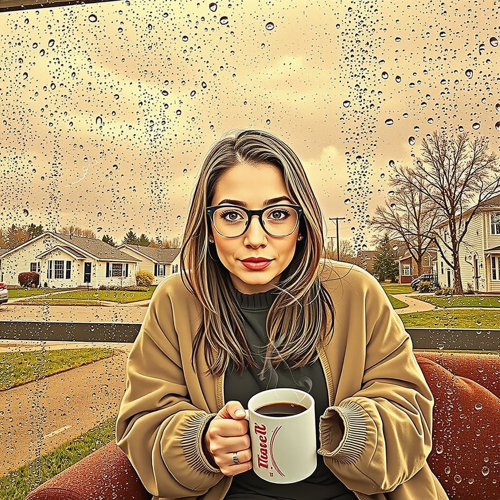 Cozy Woman Sees Stormy Suburban Street