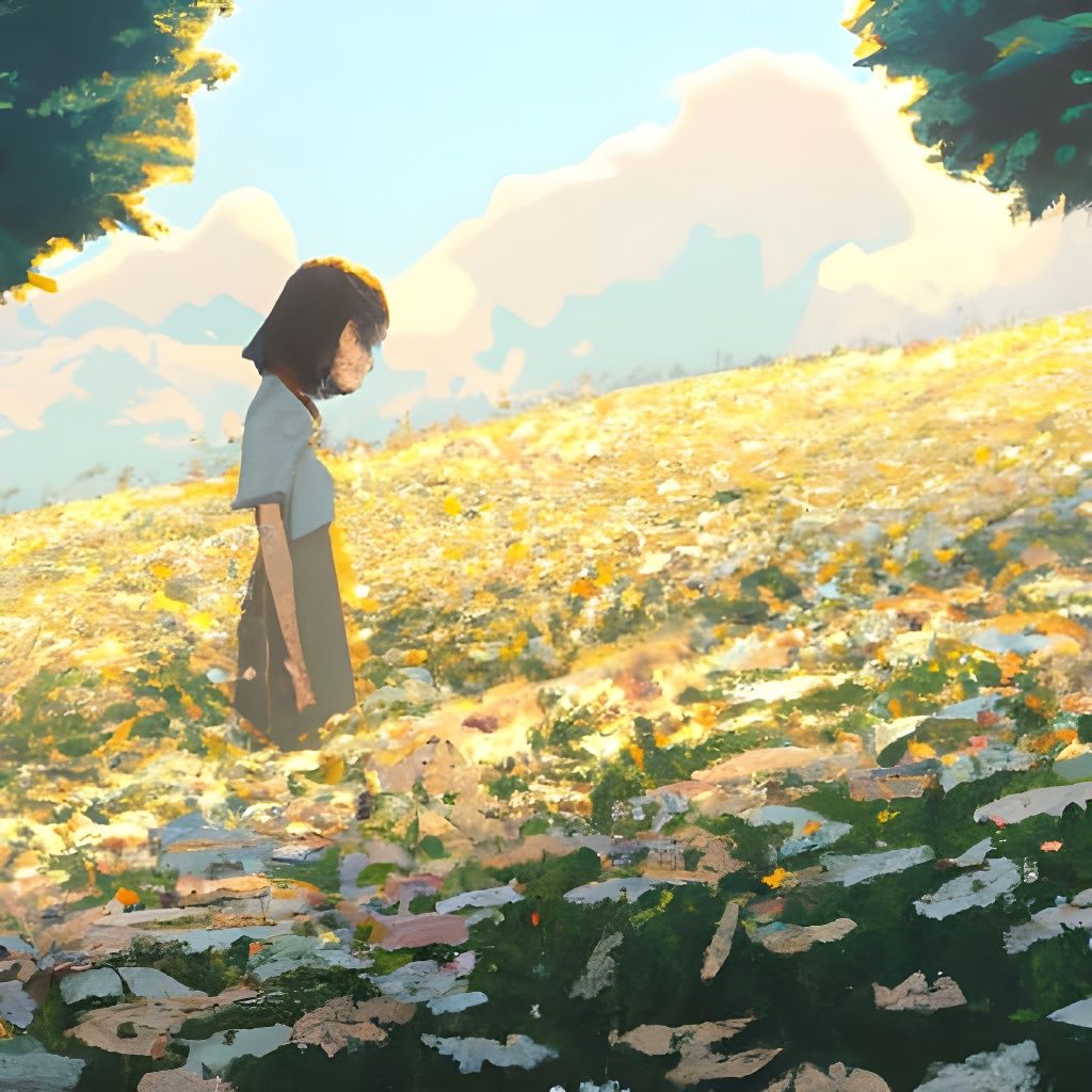 a girl using white dress in the middle of flower fields on a sunset anime  ghibli  Playground AI