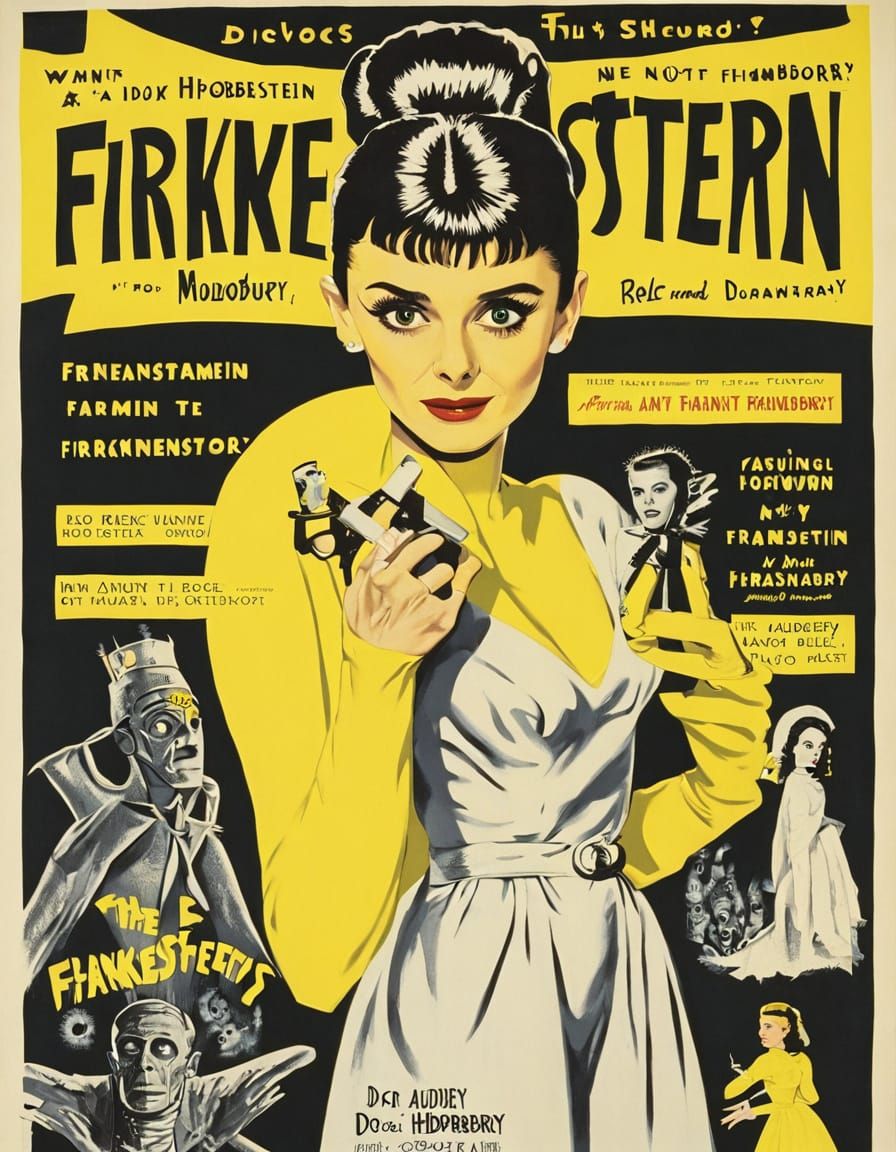 Movie Poster art, advertising poster for an horror Movie 1940 Style. Audrey Hepburn in a fun and imaginative costume by Frankenstein in the ...