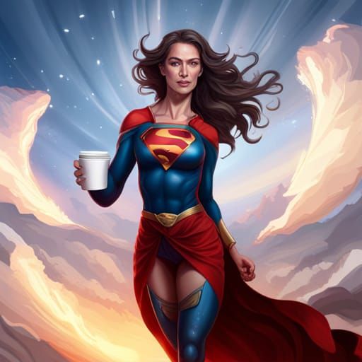 Super Woman flying in the air with Coffee beans holding a cu...