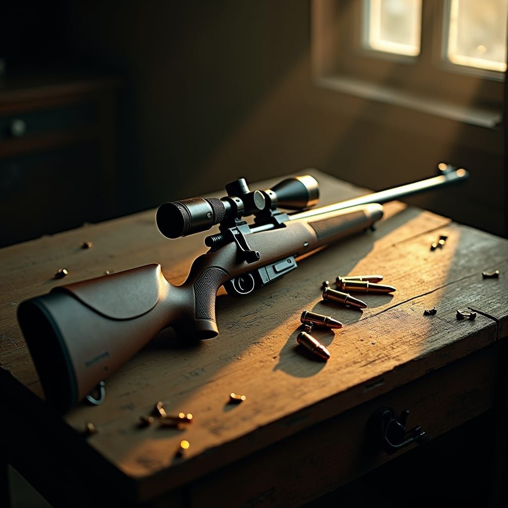 A breathtaking image of a precision rifle resting on an old wooden table, surrounded by scattered bullets. The focus is on the rifle’s long...