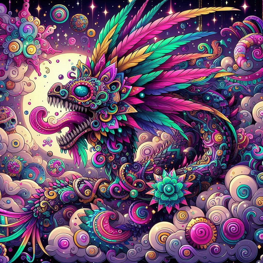 A whimsical goth Quetzalcoatl adorned with intricate, colorful details, presented in a vibrant cutecore aesthetic. The scene is richly detai...
