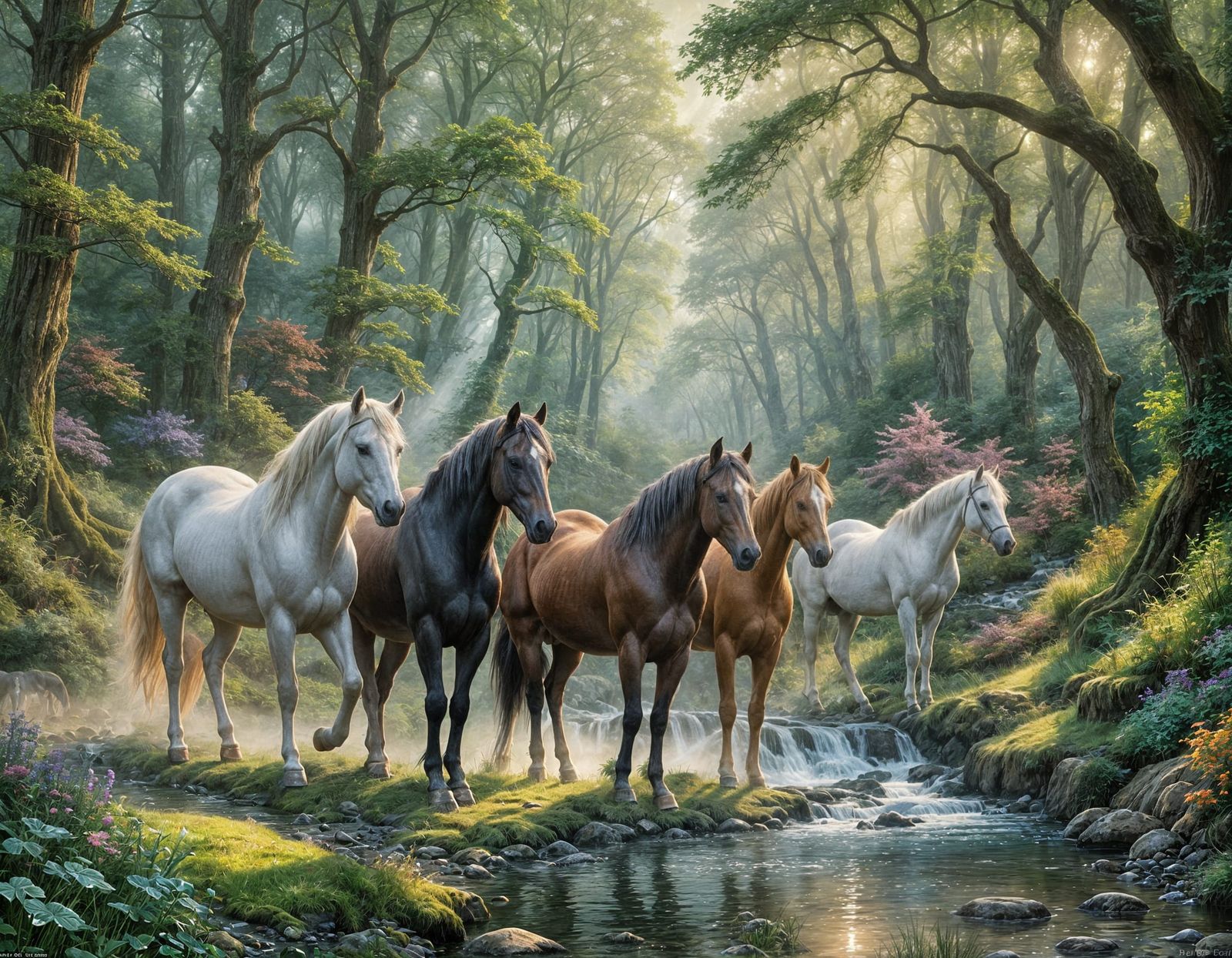 Magnificent horses in a mystical beautiful forest with strea...