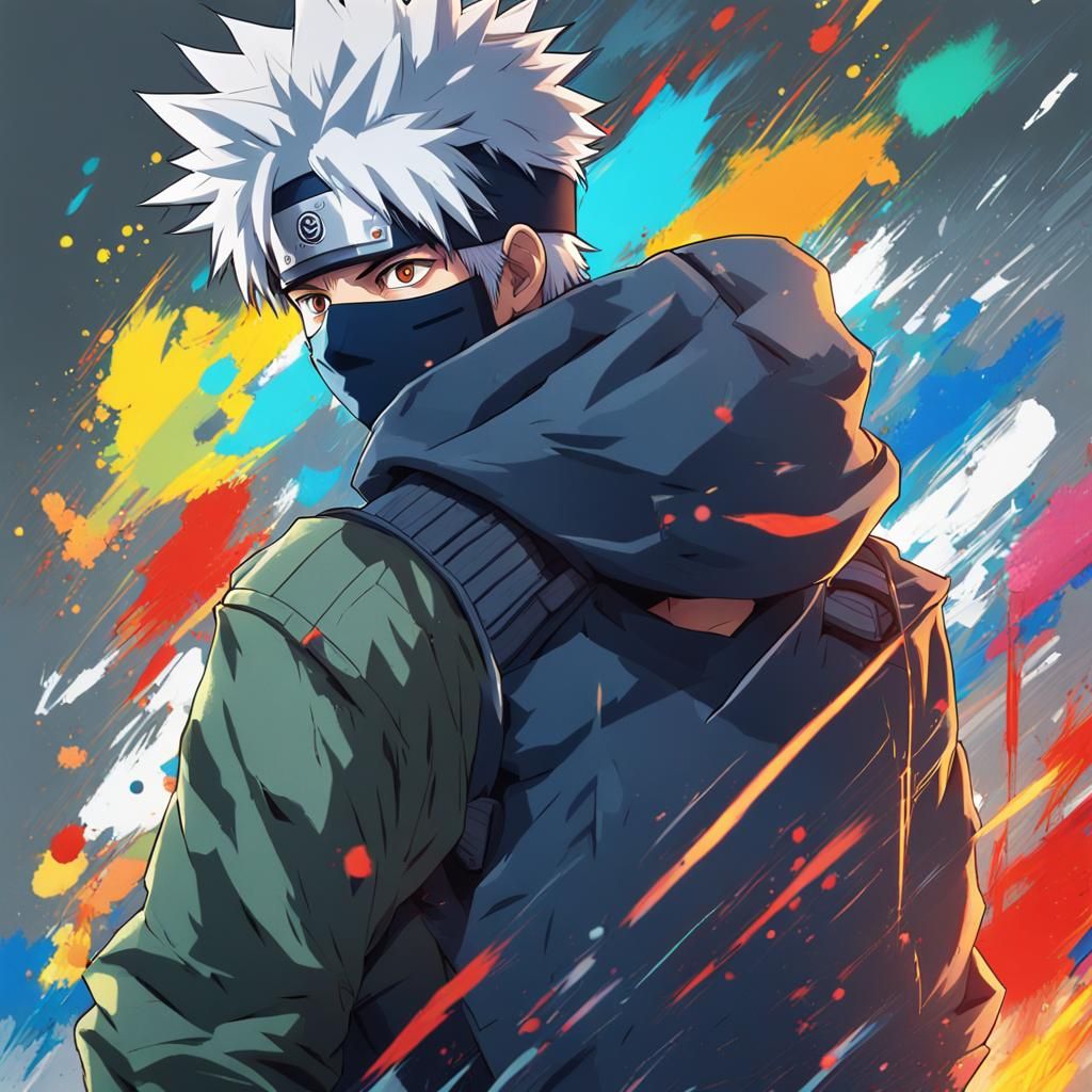 Create an art of Kakashi standing painting himself by seeing him on mirror. Background with ...